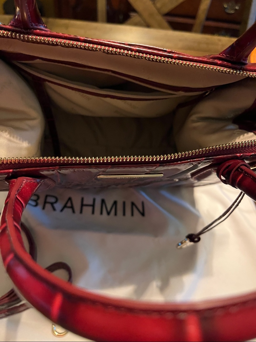 Brahmin Deep Burgundy Croc-Embossed Leather Satchel - Picture 9 of 11